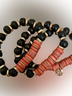 Plunder Black, Terracotta & Gold Beaded Stretch Bracelet Set
